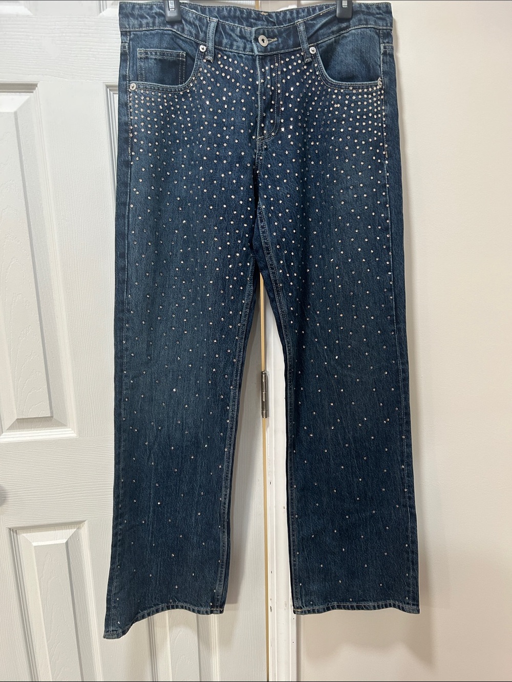 Zara Dark Blue Denim Jeans with Contrast Stitching High-Waisted Strait Leg